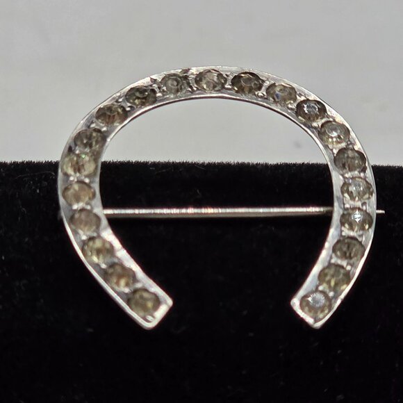 Vintage Horseshoe Brooch Sterling Rhinestones Charm Jewelry Gift Accessory - Picture 2 of 8